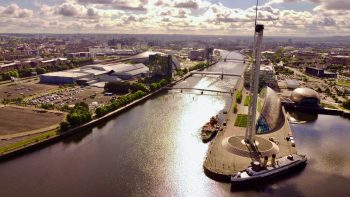 Ariel view of Clyde and Glasgow Science Centre.